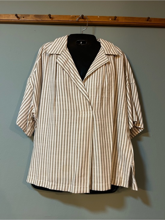 Max Studio Tops - Max Studio Beige and White Striped Short-Sleeve Button-Down Top